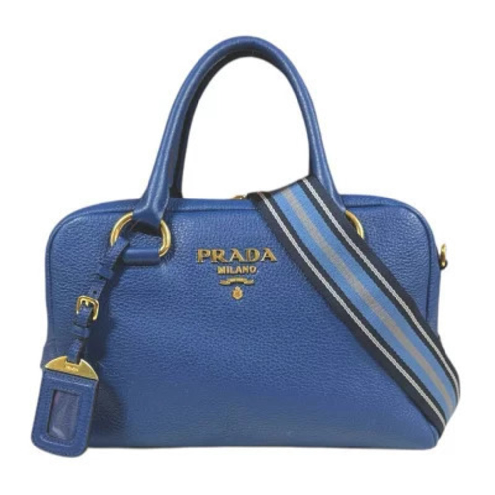 Prada Tessuto Boston Vitello Phoenix Shoulder Bag Leather Blue
